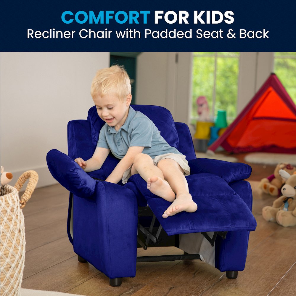 Deluxe Padded Contemporary Blue Microfiber Kids Recliner with Storage Arms. Picture 2