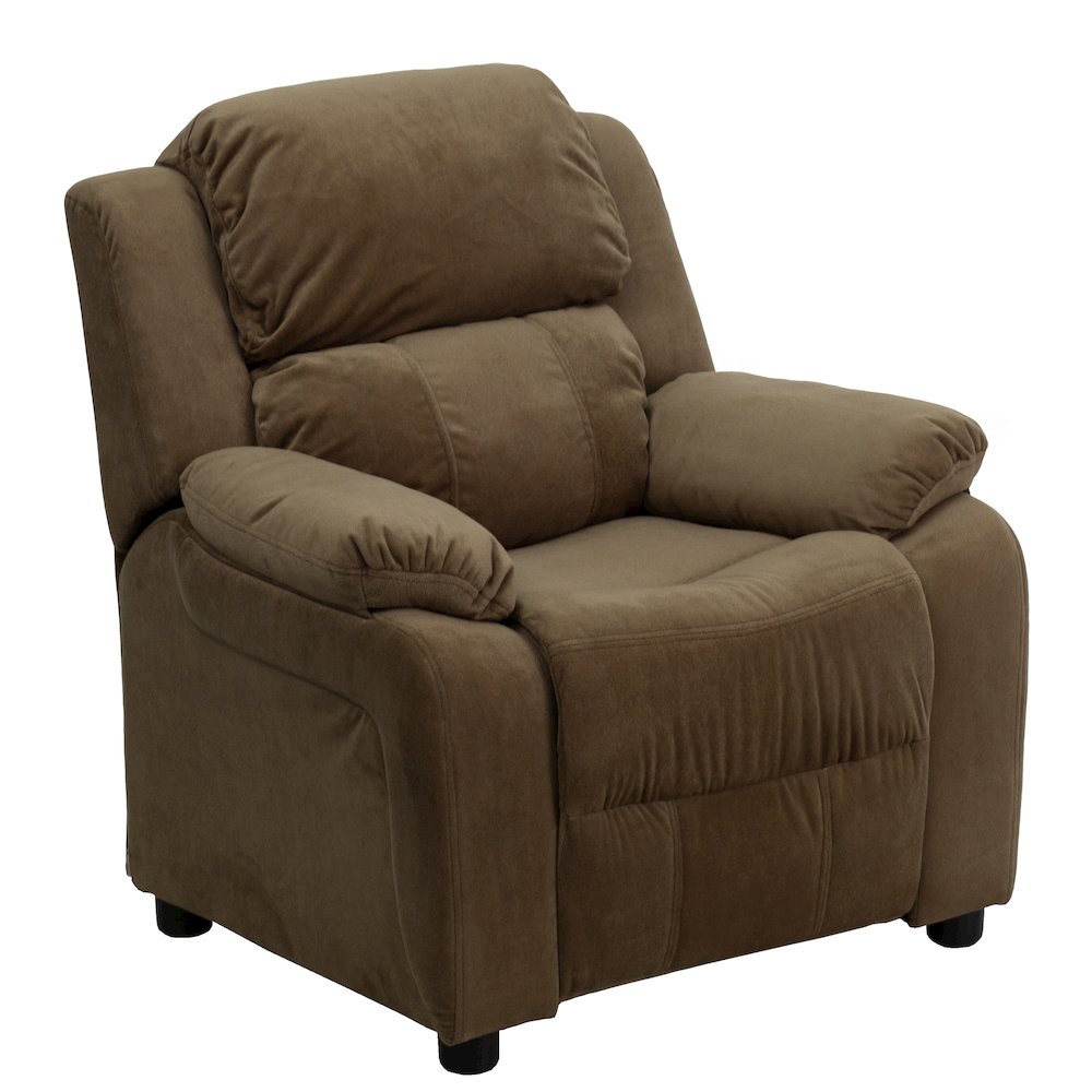 Deluxe Padded Contemporary Brown Microfiber Kids Recliner with Storage Arms. Picture 1