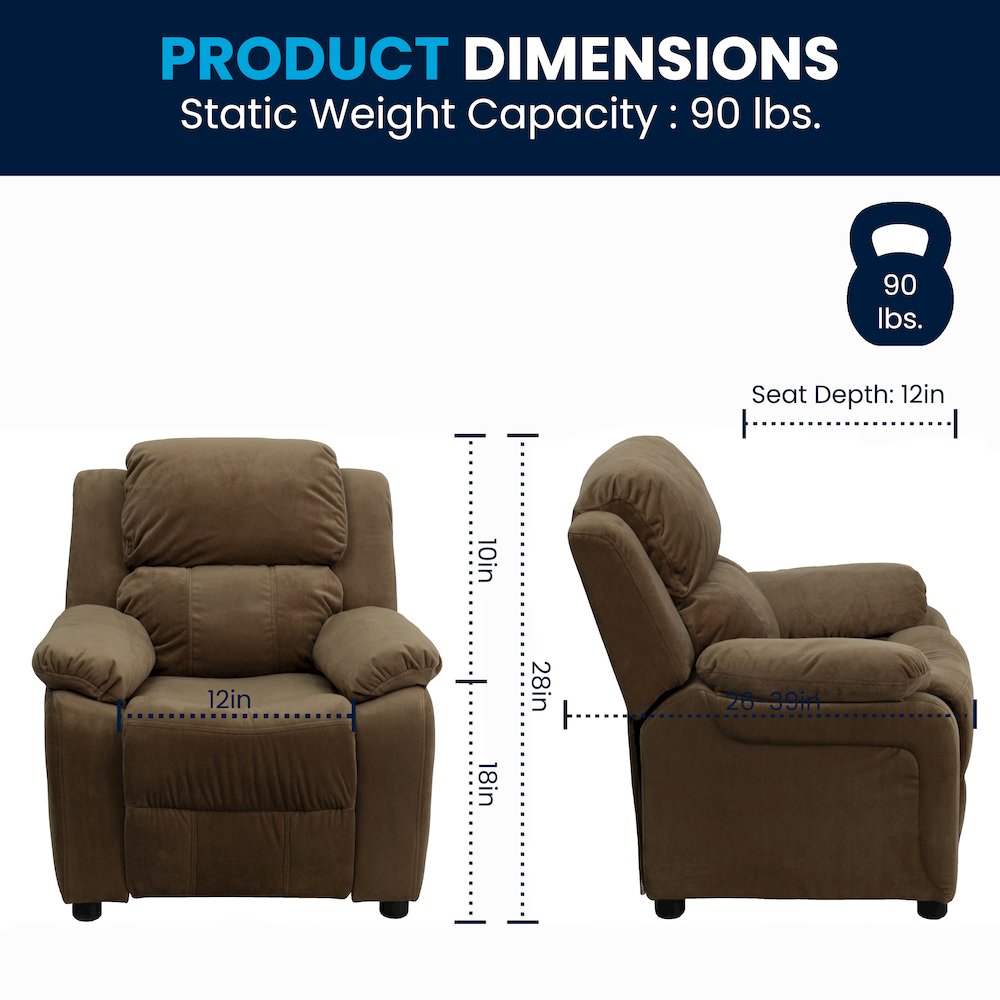 Deluxe Padded Contemporary Brown Microfiber Kids Recliner with Storage Arms. Picture 2
