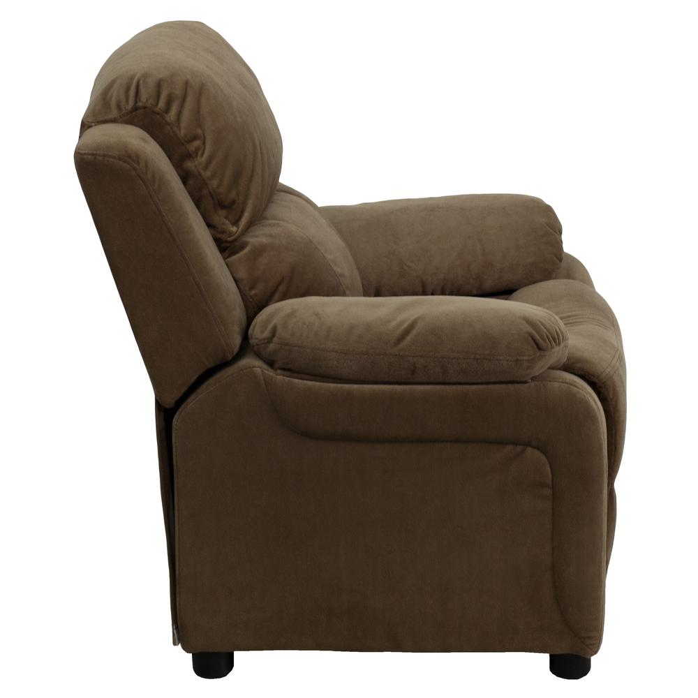 Deluxe Padded Contemporary Brown Microfiber Kids Recliner with Storage Arms. Picture 3
