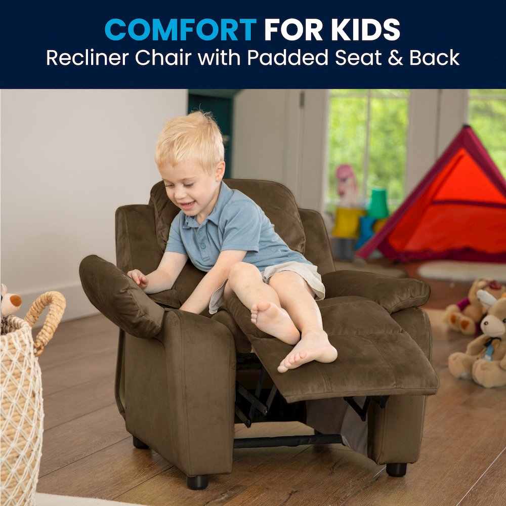 Deluxe Padded Contemporary Brown Microfiber Kids Recliner with Storage Arms. Picture 7