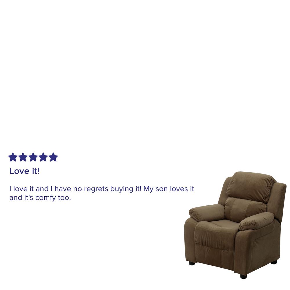 Deluxe Padded Contemporary Brown Microfiber Kids Recliner with Storage Arms. Picture 8