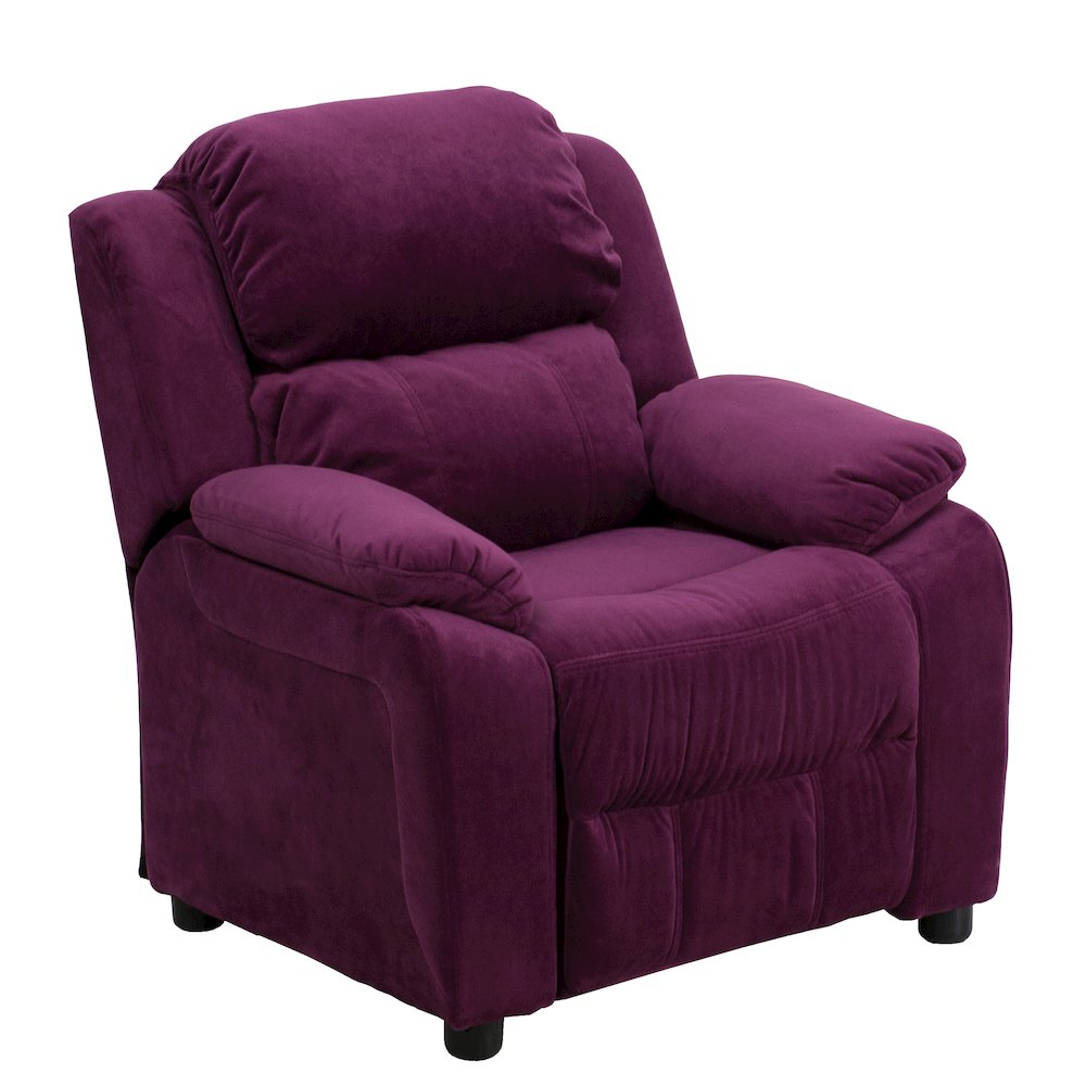 Deluxe Padded Contemporary Purple Microfiber Kids Recliner with Storage Arms. Picture 1