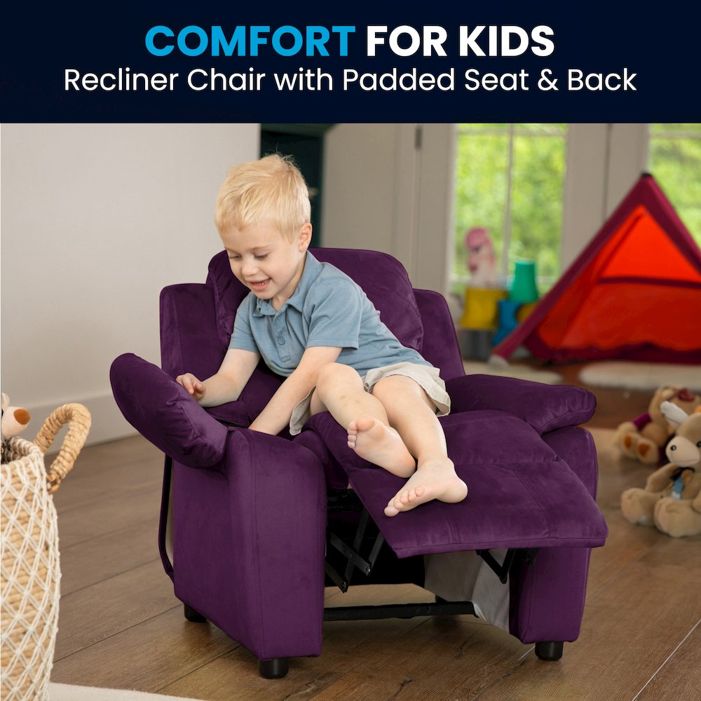 Deluxe Padded Contemporary Purple Microfiber Kids Recliner with Storage Arms. Picture 6