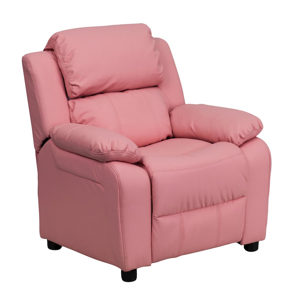 Deluxe Padded Contemporary Pink Vinyl Kids Recliner with Storage Arms. Picture 1