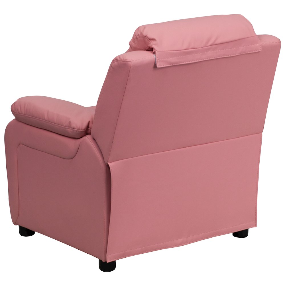 Deluxe Padded Contemporary Pink Vinyl Kids Recliner with Storage Arms. Picture 10