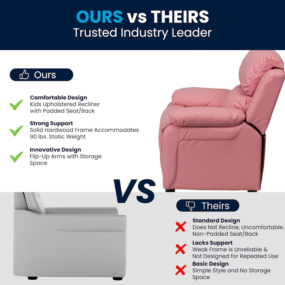 Deluxe Padded Contemporary Pink Vinyl Kids Recliner with Storage Arms. Picture 6
