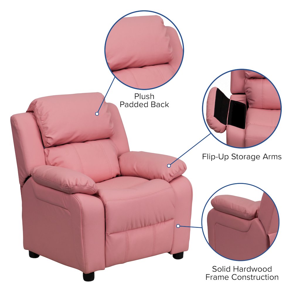 Deluxe Padded Contemporary Pink Vinyl Kids Recliner with Storage Arms. Picture 7