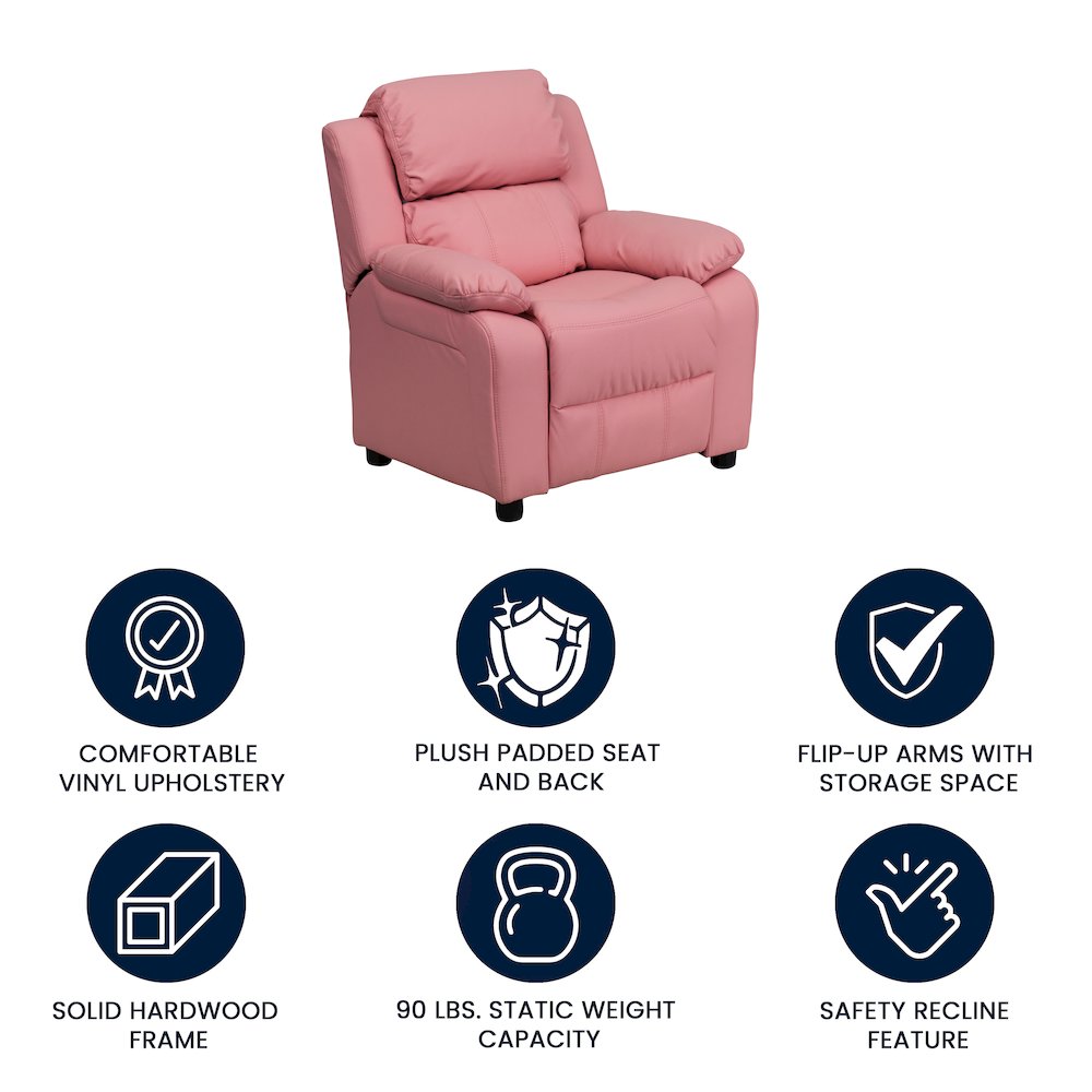 Deluxe Padded Contemporary Pink Vinyl Kids Recliner with Storage Arms. Picture 5