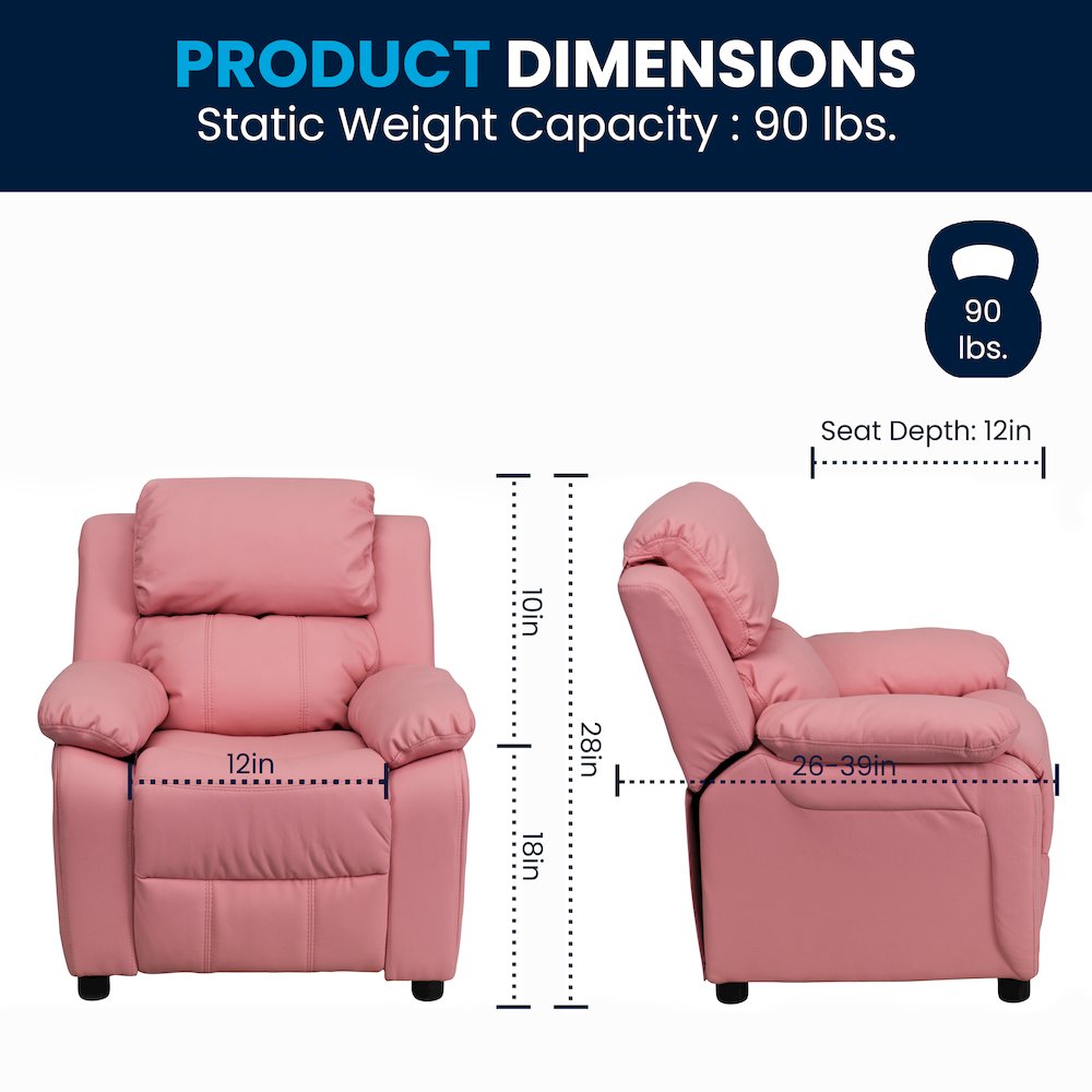 Deluxe Padded Contemporary Pink Vinyl Kids Recliner with Storage Arms. Picture 8