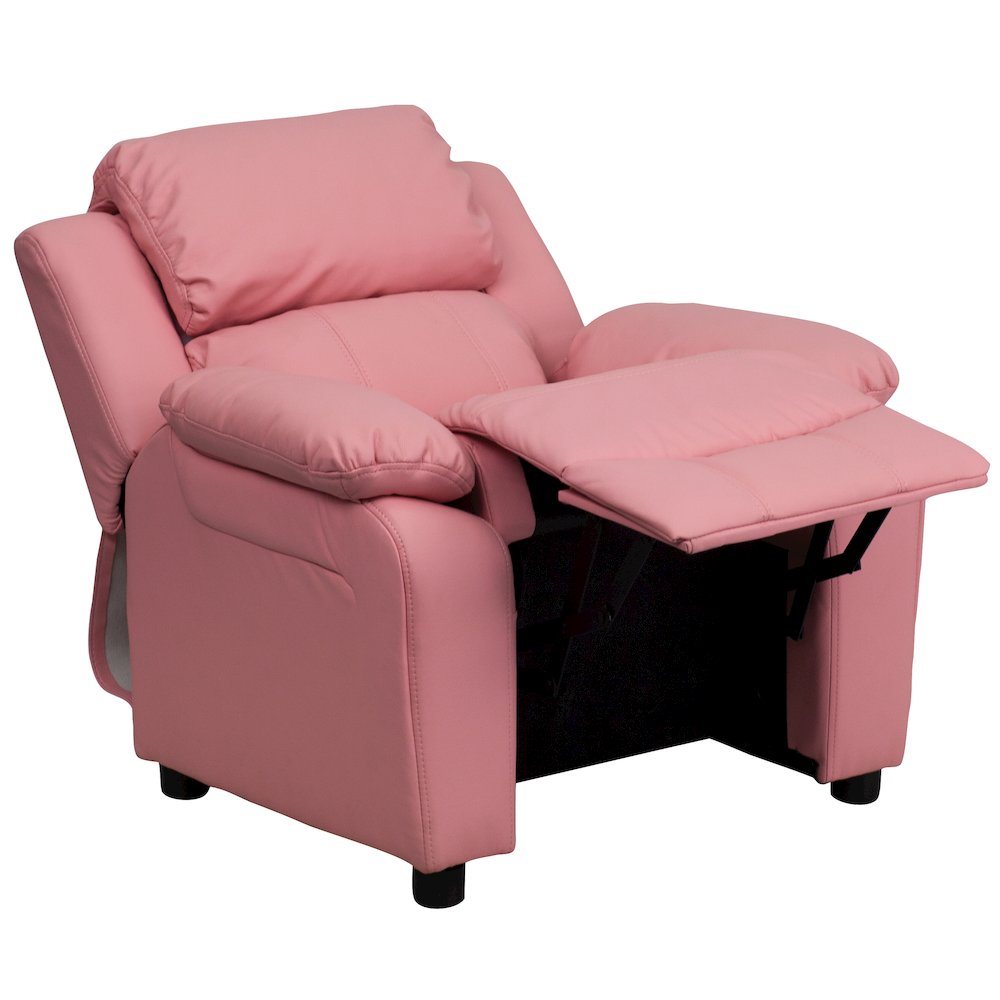Deluxe Padded Contemporary Pink Vinyl Kids Recliner with Storage Arms. Picture 11