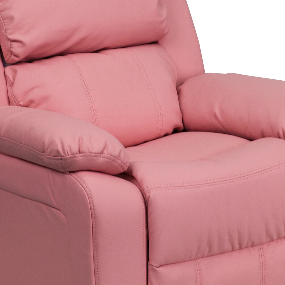 Deluxe Padded Contemporary Pink Vinyl Kids Recliner with Storage Arms. Picture 14