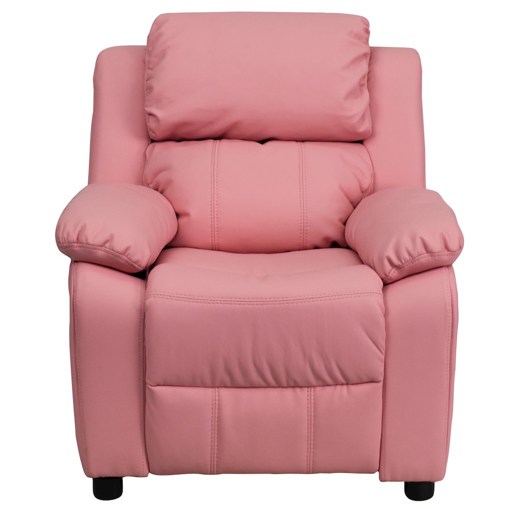 Deluxe Padded Contemporary Pink Vinyl Kids Recliner with Storage Arms. Picture 13