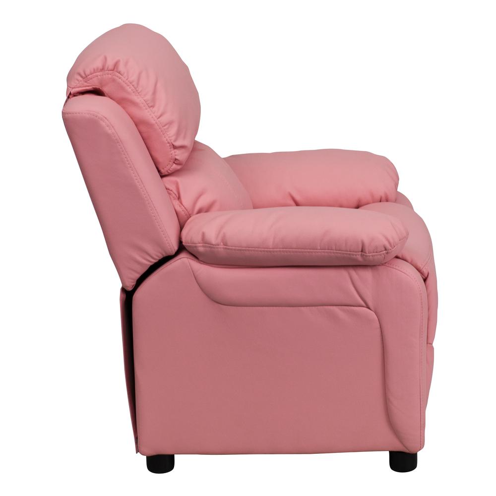 Deluxe Padded Contemporary Pink Vinyl Kids Recliner with Storage Arms. Picture 2