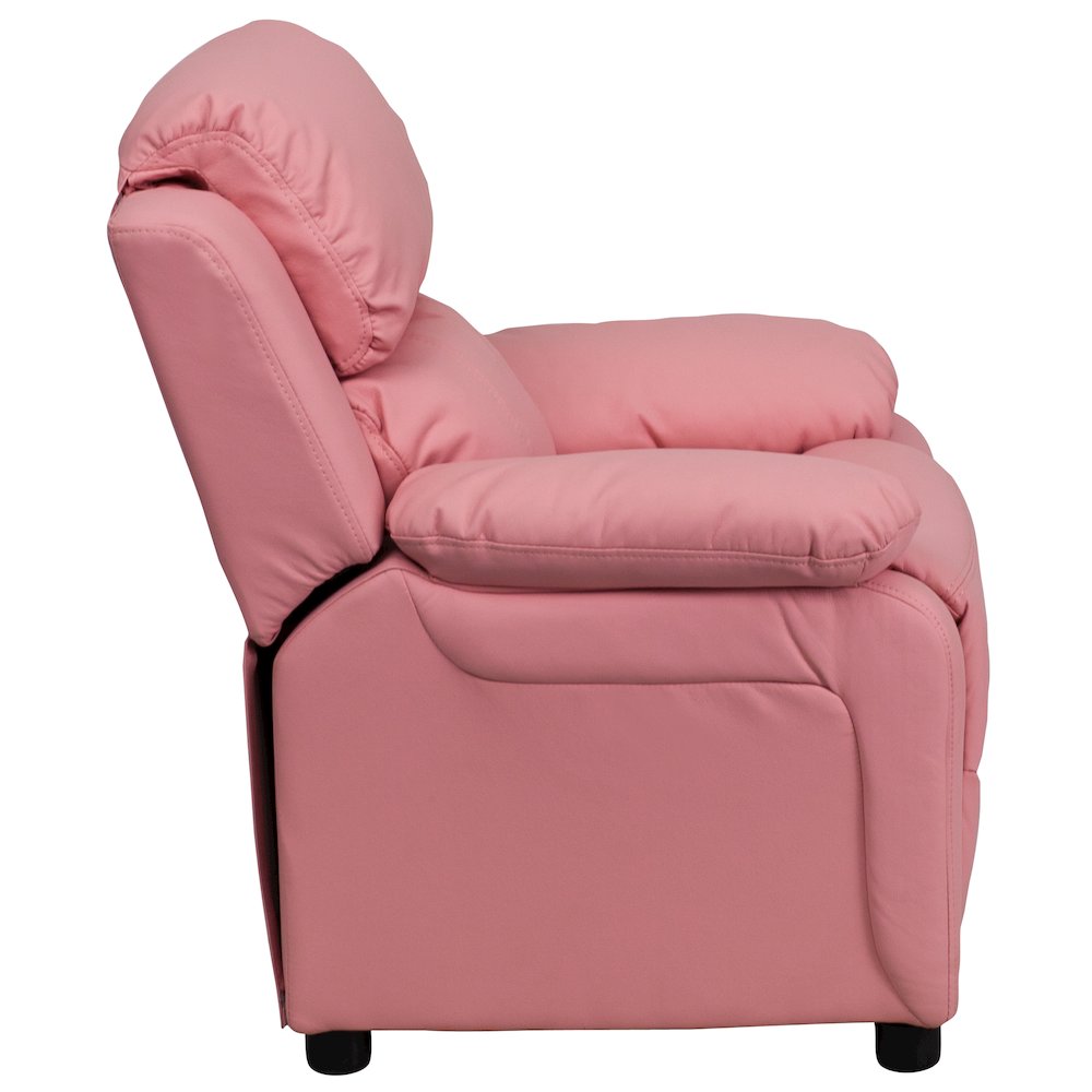 Deluxe Padded Contemporary Pink Vinyl Kids Recliner with Storage Arms. Picture 12
