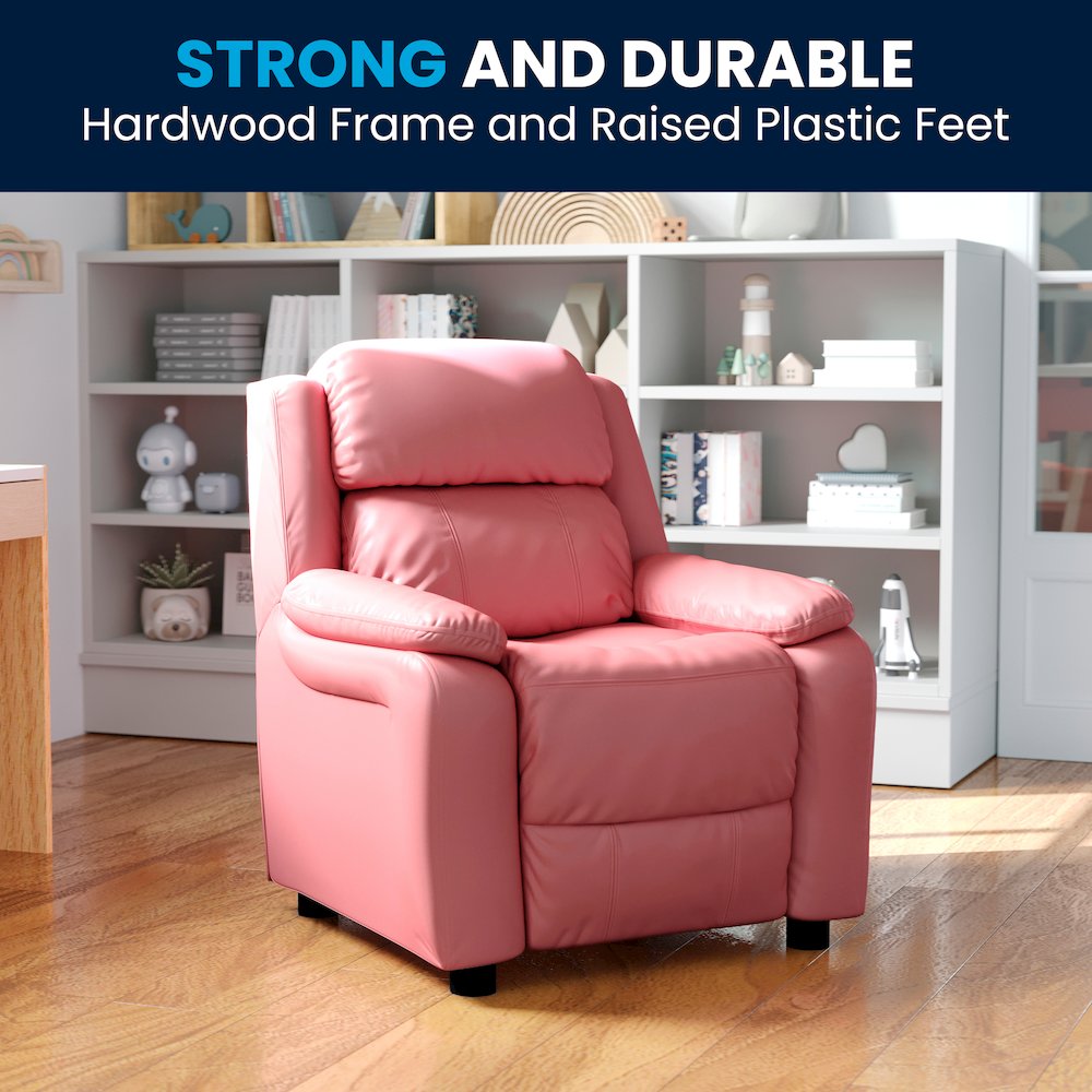 Deluxe Padded Contemporary Pink Vinyl Kids Recliner with Storage Arms. Picture 3