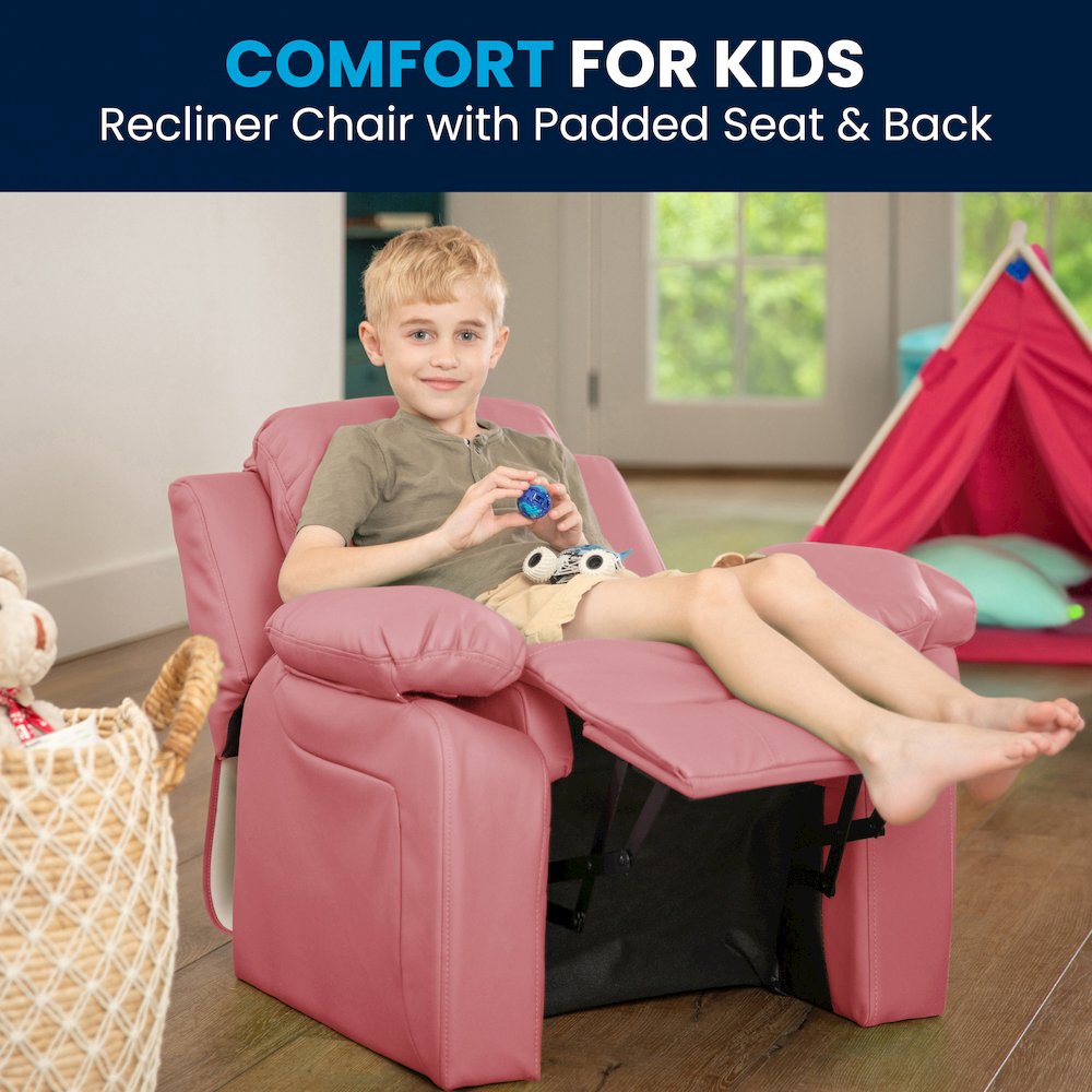 Deluxe Padded Contemporary Pink Vinyl Kids Recliner with Storage Arms. Picture 2