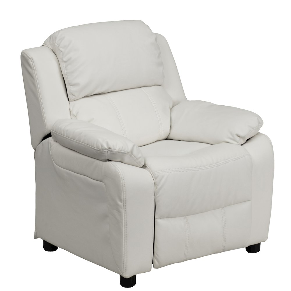 Deluxe Padded Contemporary White Vinyl Kids Recliner with Storage Arms. Picture 2