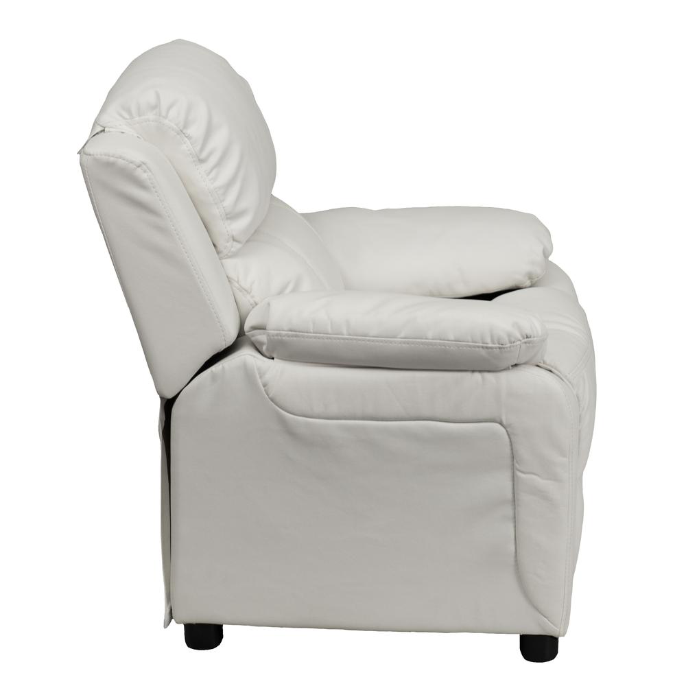 Deluxe Padded Contemporary White Vinyl Kids Recliner with Storage Arms. Picture 3