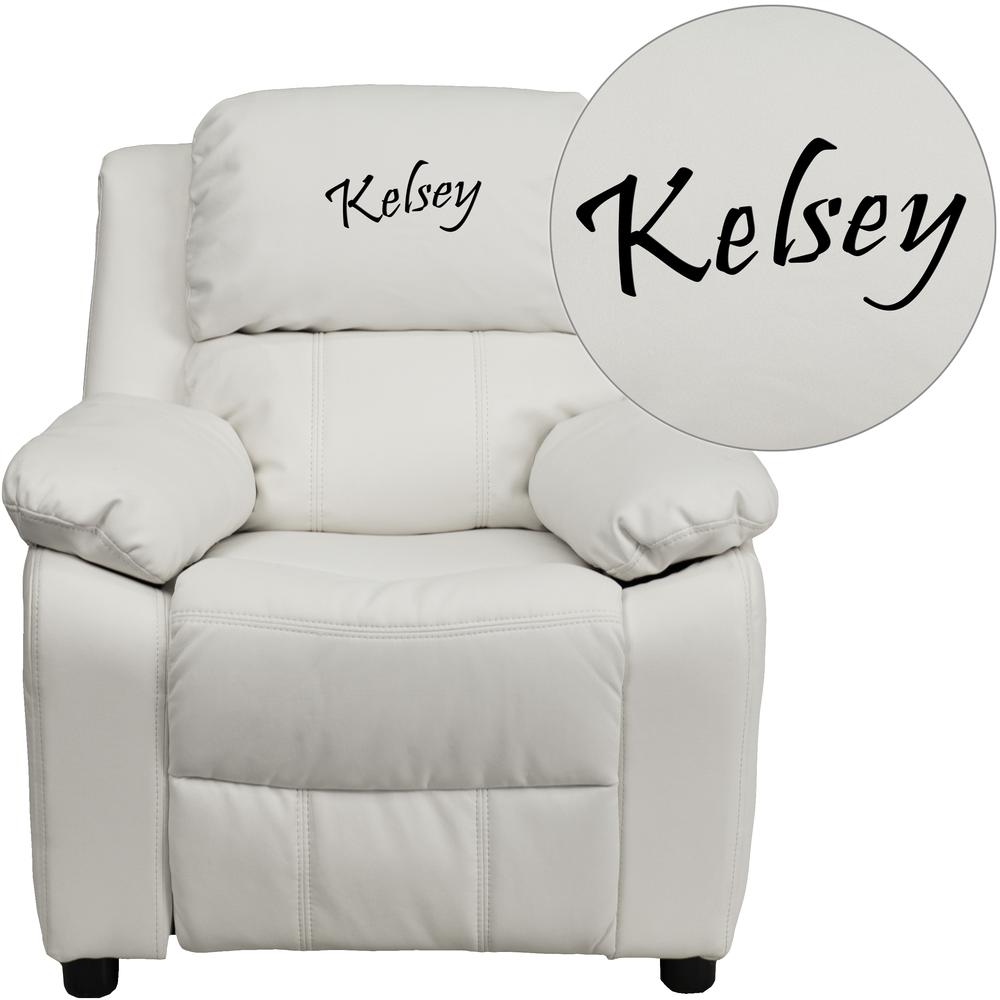 Deluxe Padded Contemporary White Vinyl Kids Recliner with Storage Arms. Picture 1