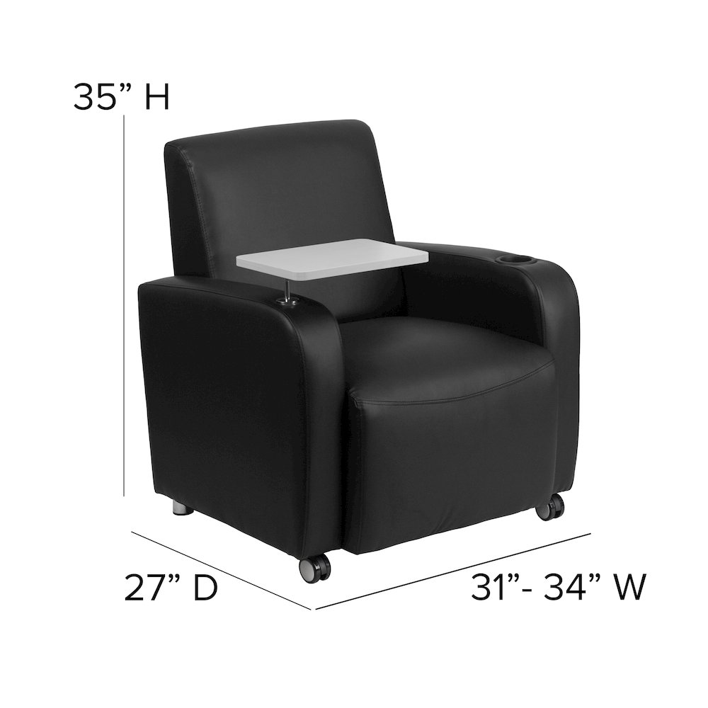 Black Guest Chair with Tablet Arm, Front Wheel Casters and Cup Holder. Picture 4