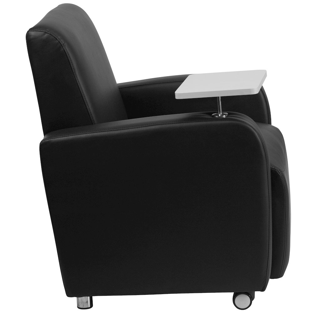 Black Guest Chair with Tablet Arm, Front Wheel Casters and Cup Holder. Picture 7