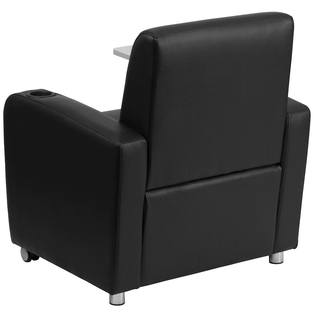 Black Guest Chair with Tablet Arm, Front Wheel Casters and Cup Holder. Picture 5