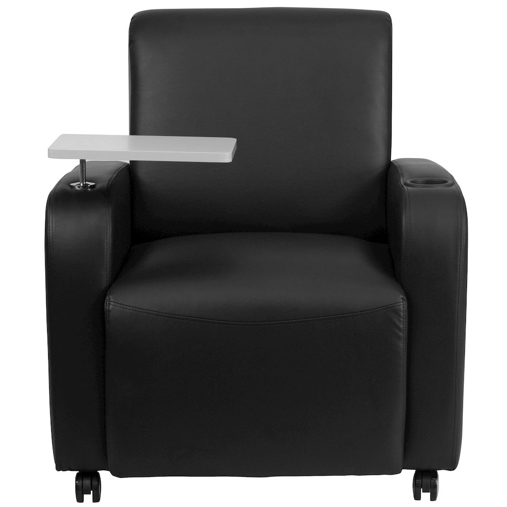 Black Guest Chair with Tablet Arm, Front Wheel Casters and Cup Holder. Picture 8