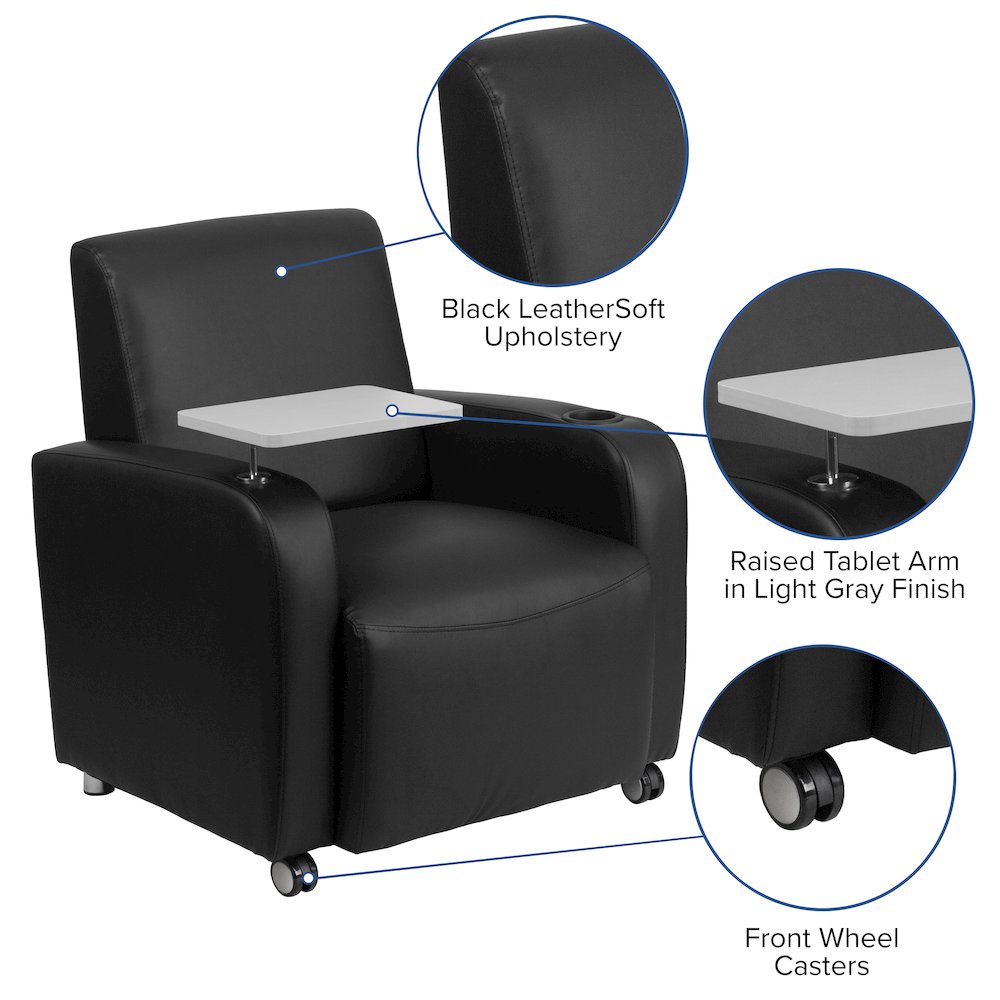 Black Guest Chair with Tablet Arm, Front Wheel Casters and Cup Holder. Picture 6