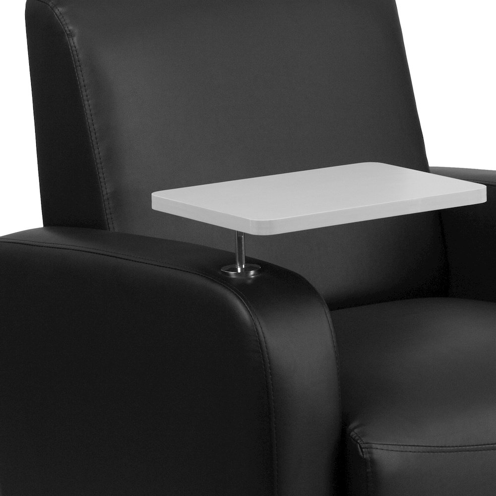 Black Guest Chair with Tablet Arm, Front Wheel Casters and Cup Holder. Picture 9