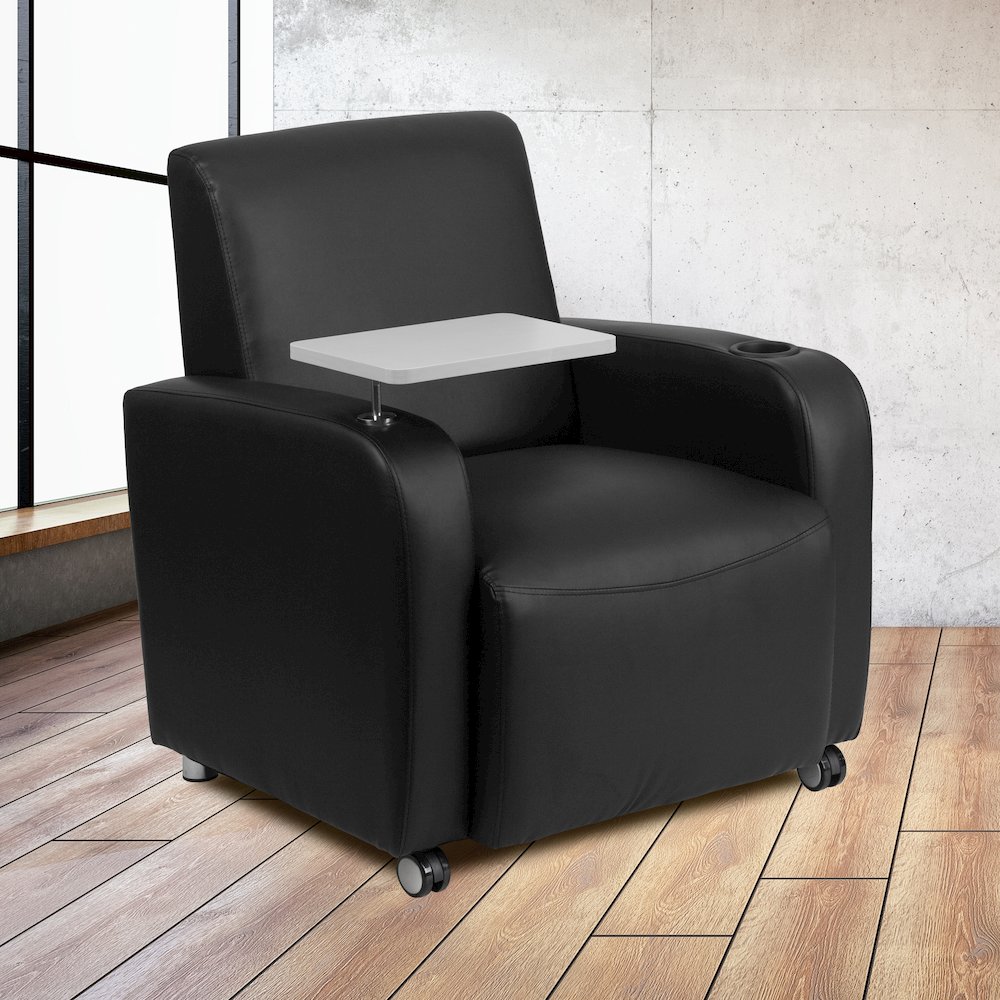 Black Guest Chair with Tablet Arm, Front Wheel Casters and Cup Holder. Picture 2