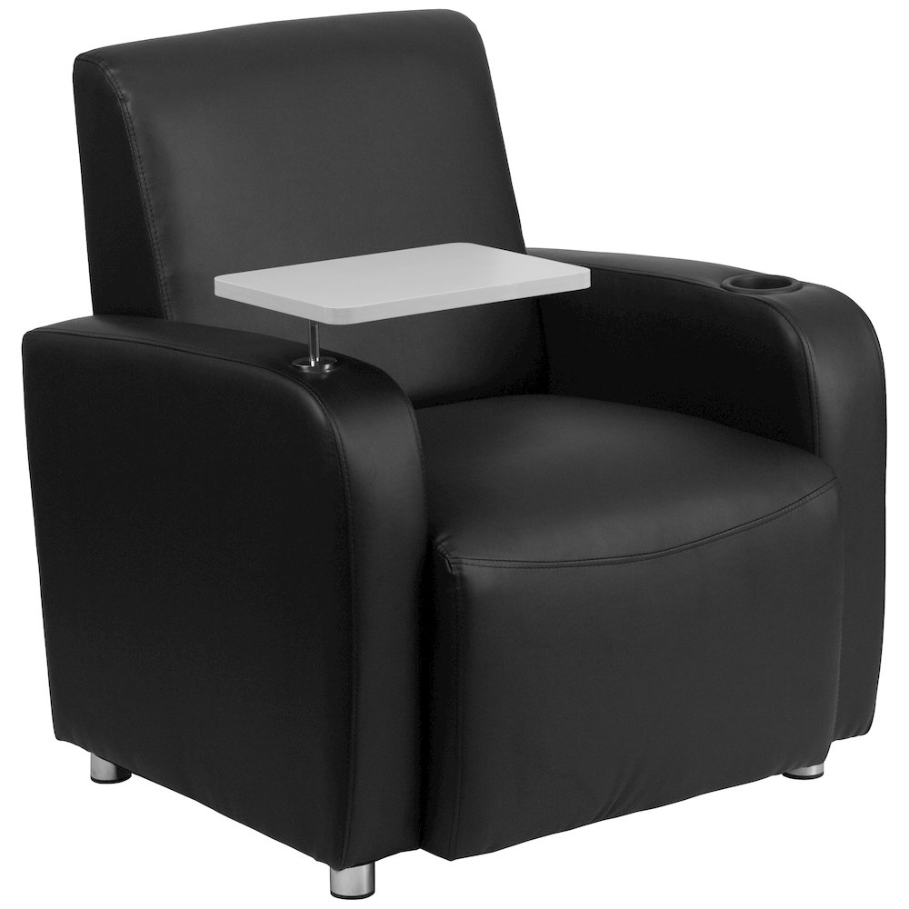 Black LeatherSoft Guest Chair with Tablet Arm, Chrome Legs and Cup Holder. Picture 1