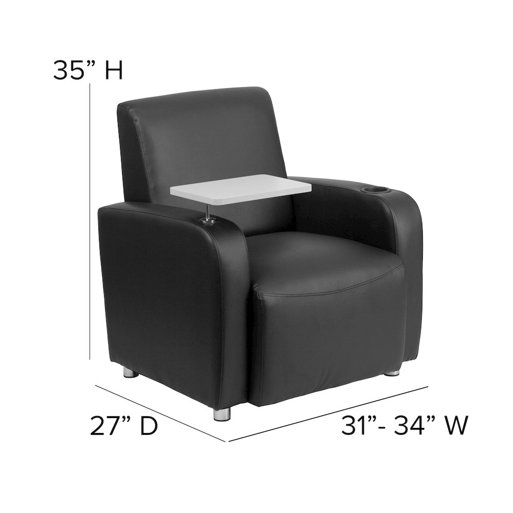Black LeatherSoft Guest Chair with Tablet Arm, Chrome Legs and Cup Holder. Picture 6