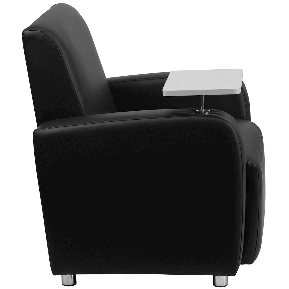 Black LeatherSoft Guest Chair with Tablet Arm, Chrome Legs and Cup Holder. Picture 9
