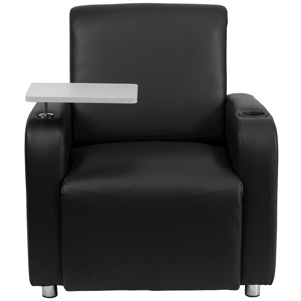 Black LeatherSoft Guest Chair with Tablet Arm, Chrome Legs and Cup Holder. Picture 10