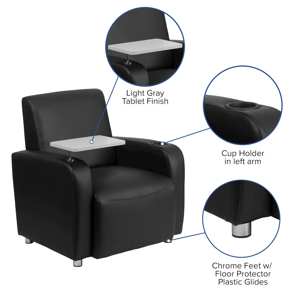 Black LeatherSoft Guest Chair with Tablet Arm, Chrome Legs and Cup Holder. Picture 5