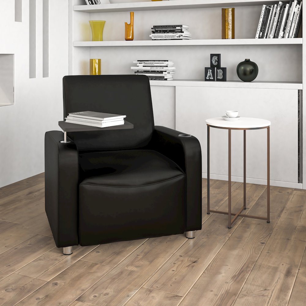 Black LeatherSoft Guest Chair with Tablet Arm, Chrome Legs and Cup Holder. Picture 2