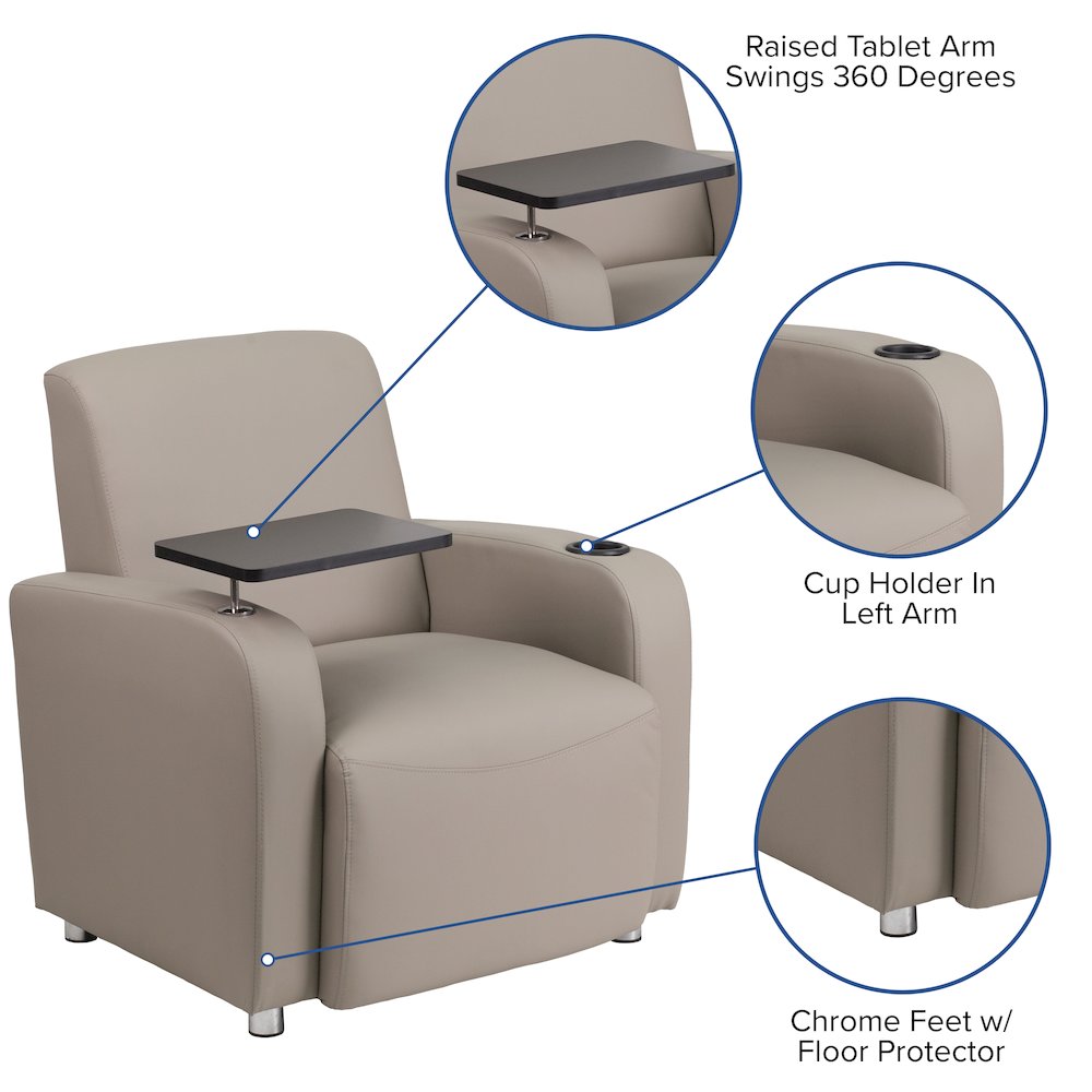 Gray LeatherSoft Guest Chair with Tablet Arm, Chrome Legs and Cup Holder. Picture 5
