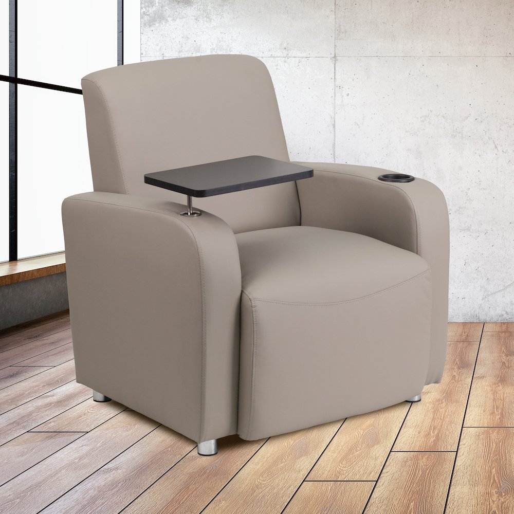 Gray LeatherSoft Guest Chair with Tablet Arm, Chrome Legs and Cup Holder. Picture 2