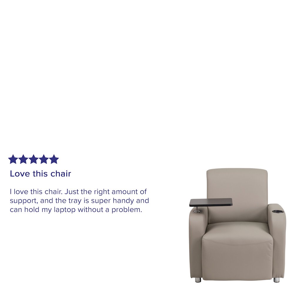 Gray LeatherSoft Guest Chair with Tablet Arm, Chrome Legs and Cup Holder. Picture 5