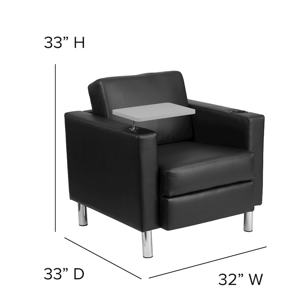 Black LeatherSoft Guest Chair with Tablet Arm, Tall Chrome Legs and Cup Holder. Picture 6