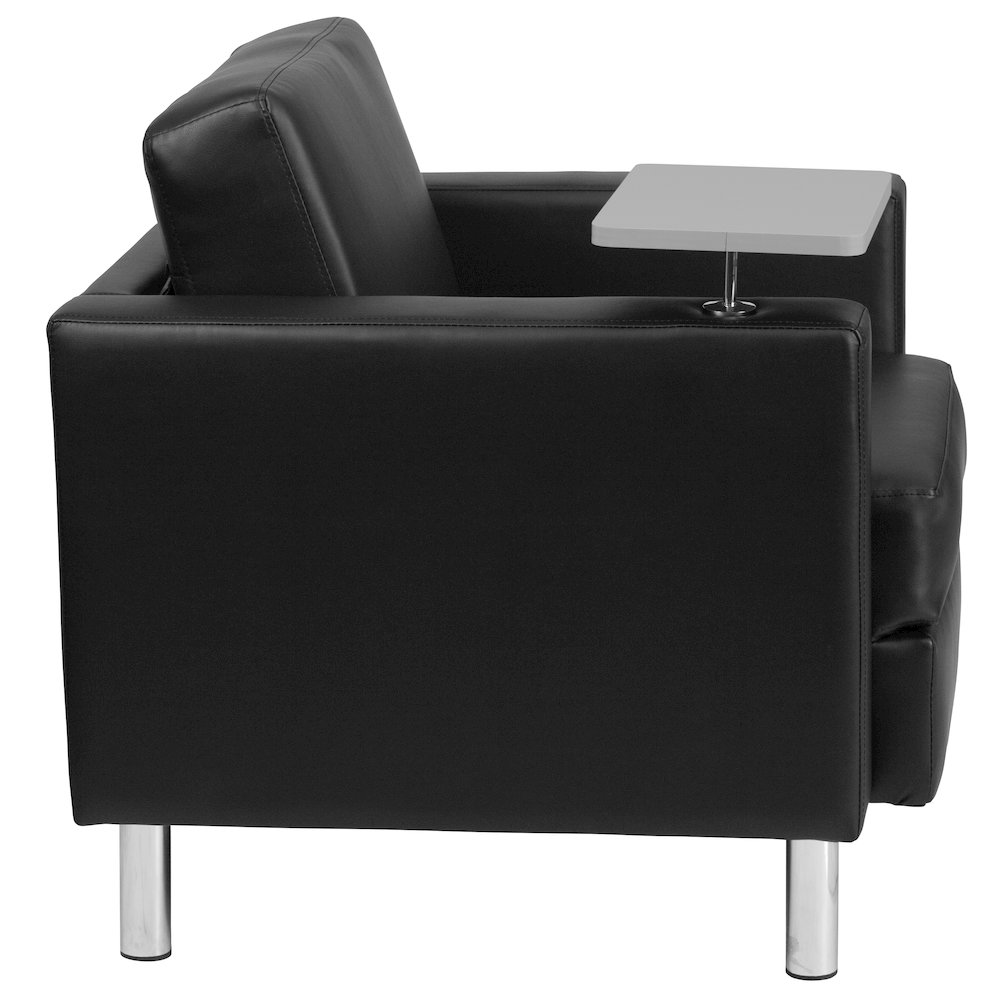 Black LeatherSoft Guest Chair with Tablet Arm, Tall Chrome Legs and Cup Holder. Picture 9
