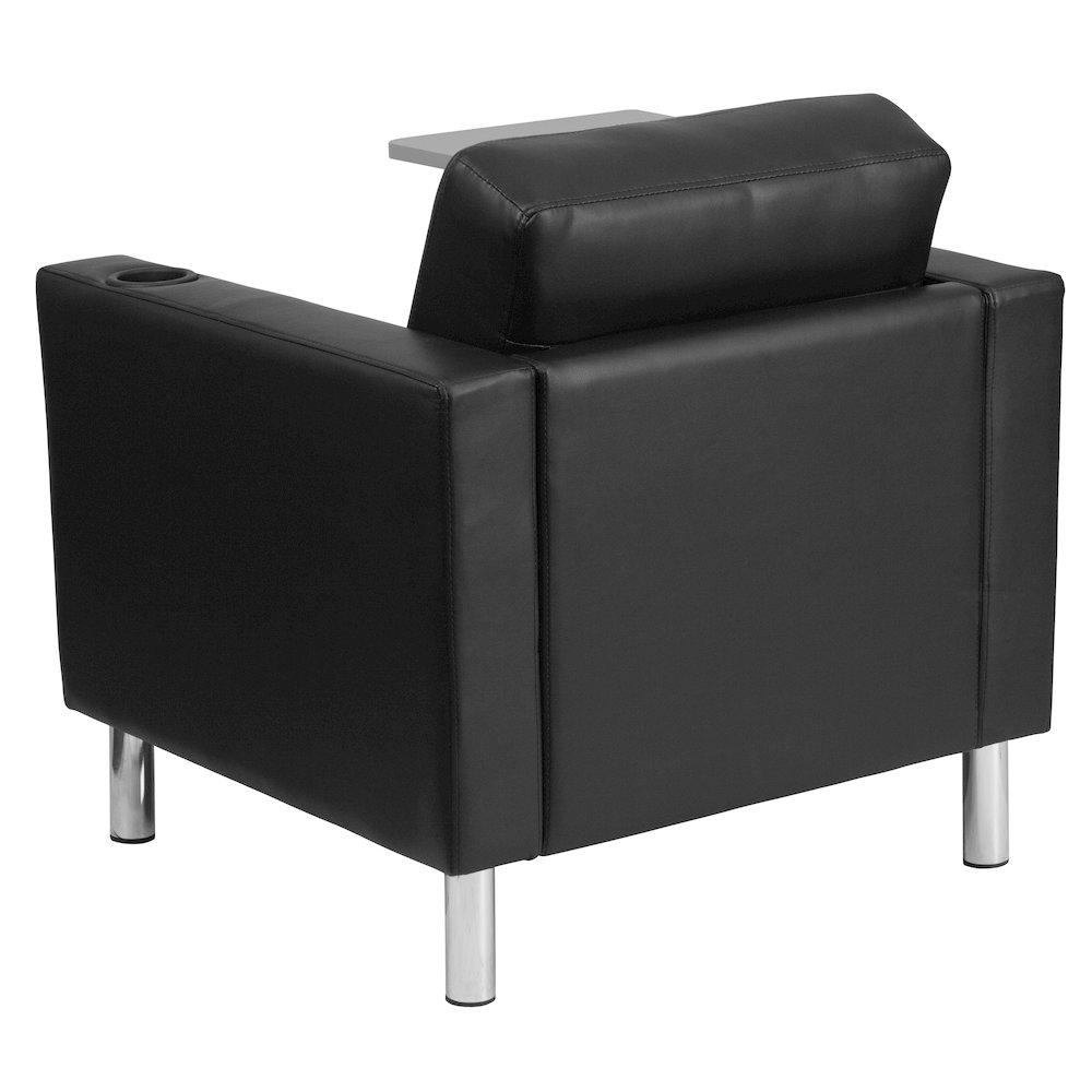 Black LeatherSoft Guest Chair with Tablet Arm, Tall Chrome Legs and Cup Holder. Picture 7