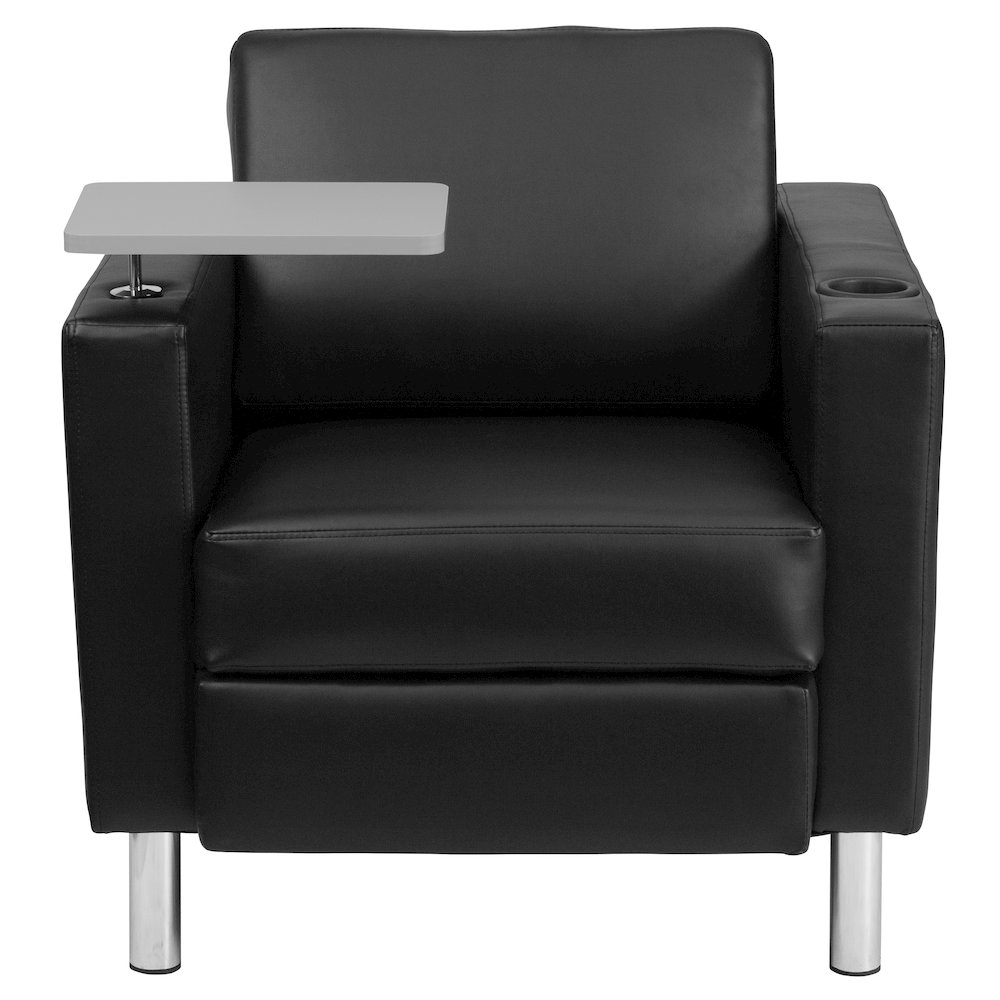 Black LeatherSoft Guest Chair with Tablet Arm, Tall Chrome Legs and Cup Holder. Picture 10