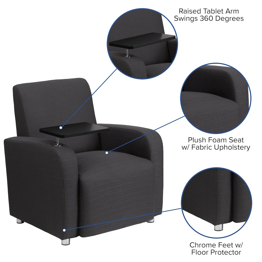 Black LeatherSoft Guest Chair with Tablet Arm, Tall Chrome Legs and Cup Holder. Picture 5