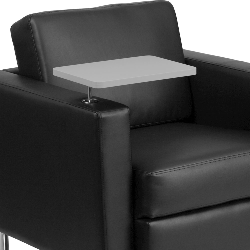 Black LeatherSoft Guest Chair with Tablet Arm, Tall Chrome Legs and Cup Holder. Picture 8