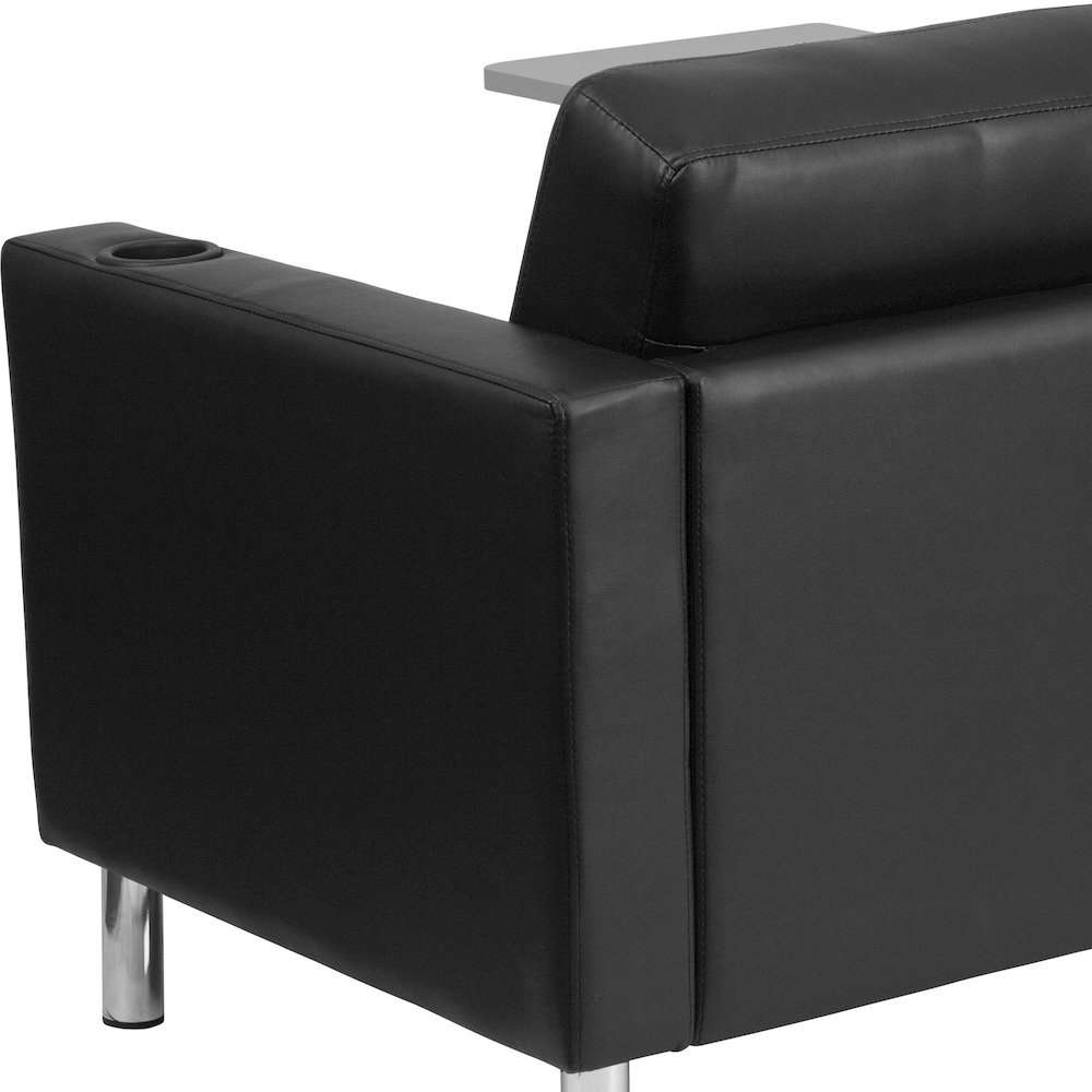 Black LeatherSoft Guest Chair with Tablet Arm, Tall Chrome Legs and Cup Holder. Picture 11