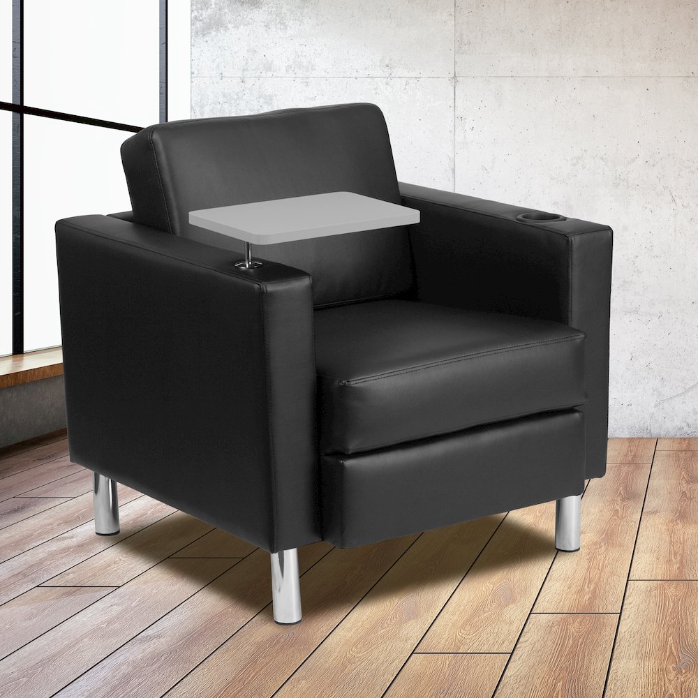 Black LeatherSoft Guest Chair with Tablet Arm, Tall Chrome Legs and Cup Holder. Picture 2