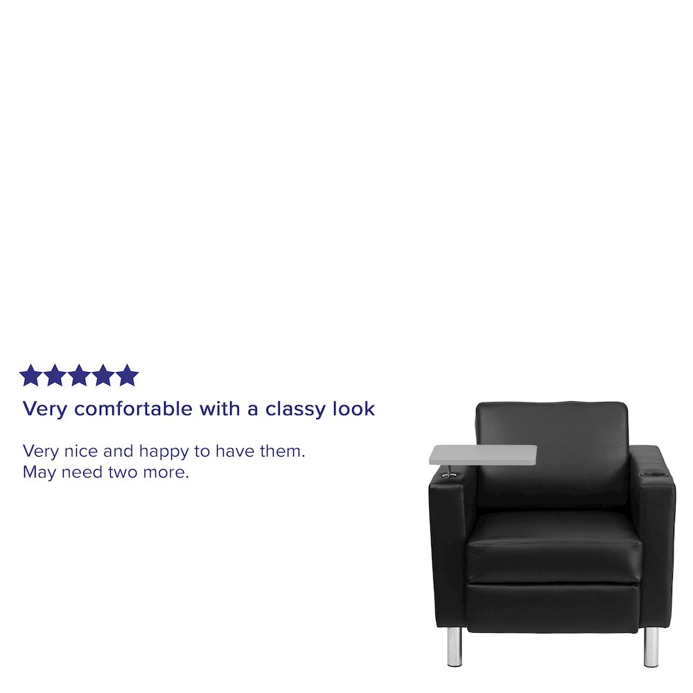 Black LeatherSoft Guest Chair with Tablet Arm, Tall Chrome Legs and Cup Holder. Picture 4