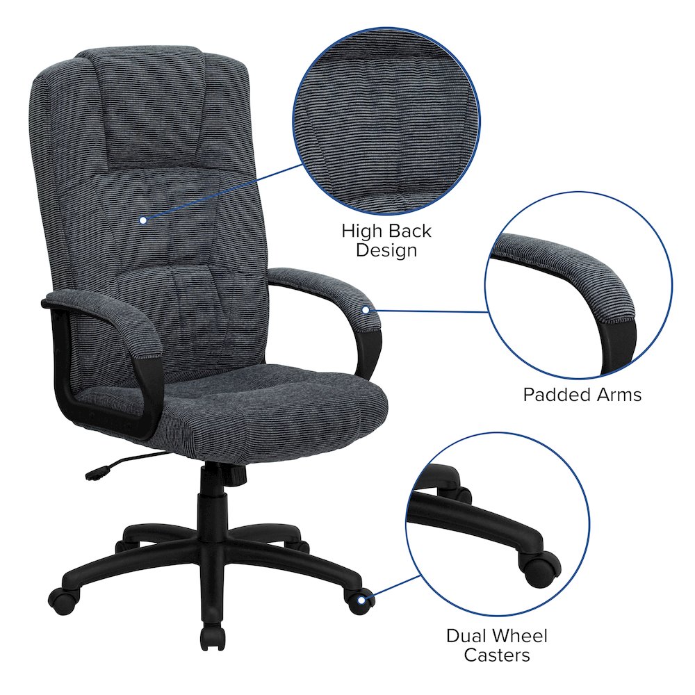 High Back Gray Fabric Executive Swivel Office Chair with Arms. Picture 6